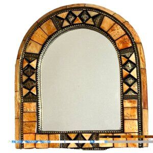 Moroccan Mirror Brass Camel Bone Wood Arched Vintage 10.5 x 9.5"